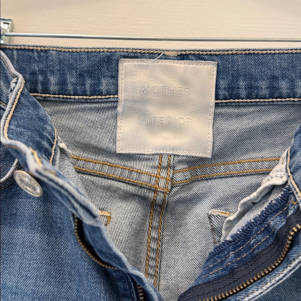 MOTHER SUPERIOR Weekender in It’s a Small World Blue Flare Jeans Sz. 27 LIKE NEW - Picture 6 of 10